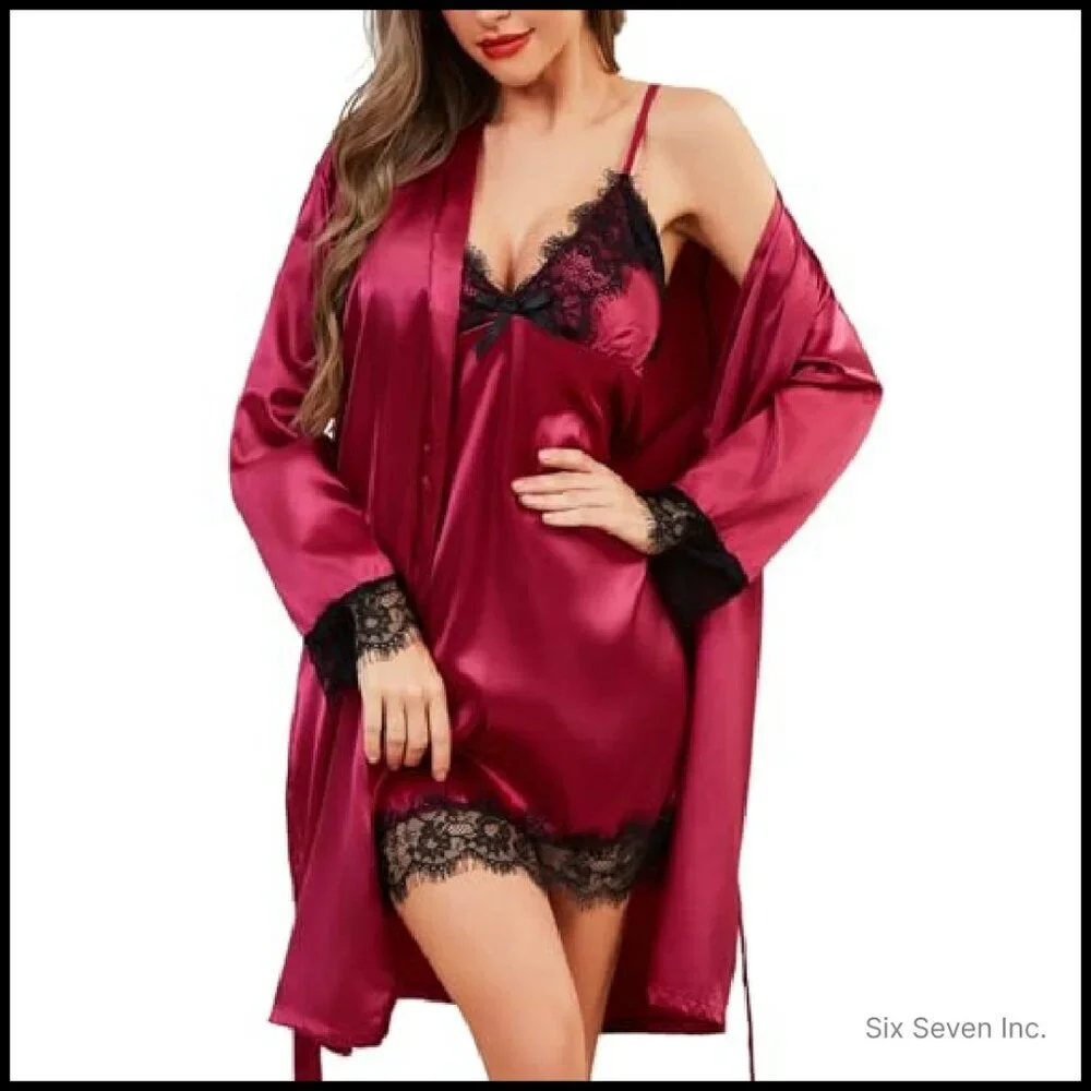 Silk Lingerie Robe Nightgown Set Sexy Lace V Neck Satin Sleepwear Elegant